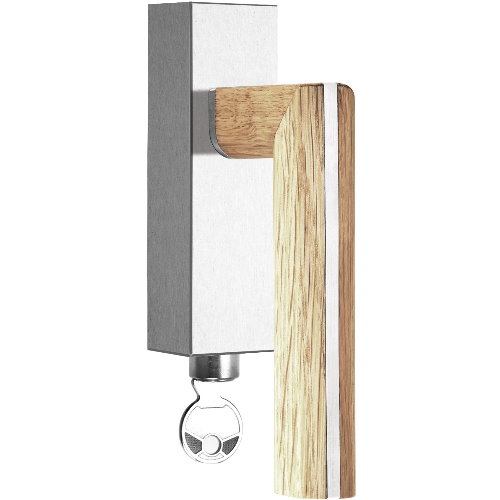 PBL22-DKLOCK brushed stainless steel and oak wood locking tilt and turn window handle